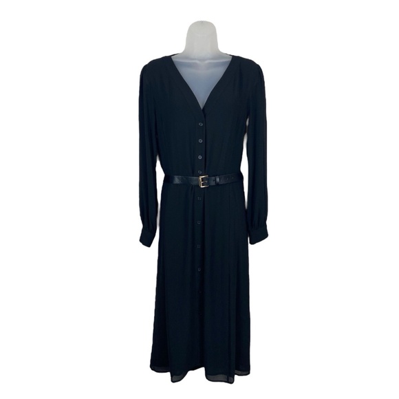 Michael Kors Dress Kate Midi Button Down Long Sleeve Petite Large Black Belted - Picture 7 of 11